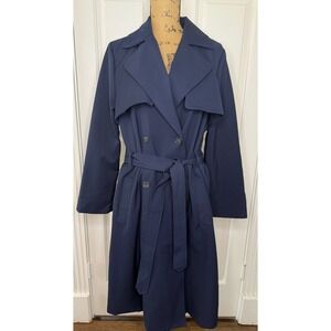 Maurices Navy Blue Double Breasted Trench Coat Women's Size L Belted EUC